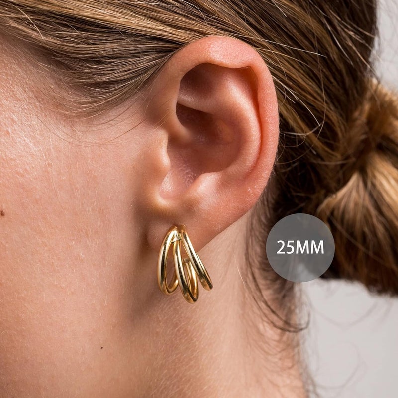 Tewiky Chunky Gold Hoop Earrings for Women, 14k Gold Plated Thick Triple Hoop Earrings Hypoallergenic Trendy Chunky Gold Hoops Earrings Dainty Jewelry Gifts for Women - Image 4